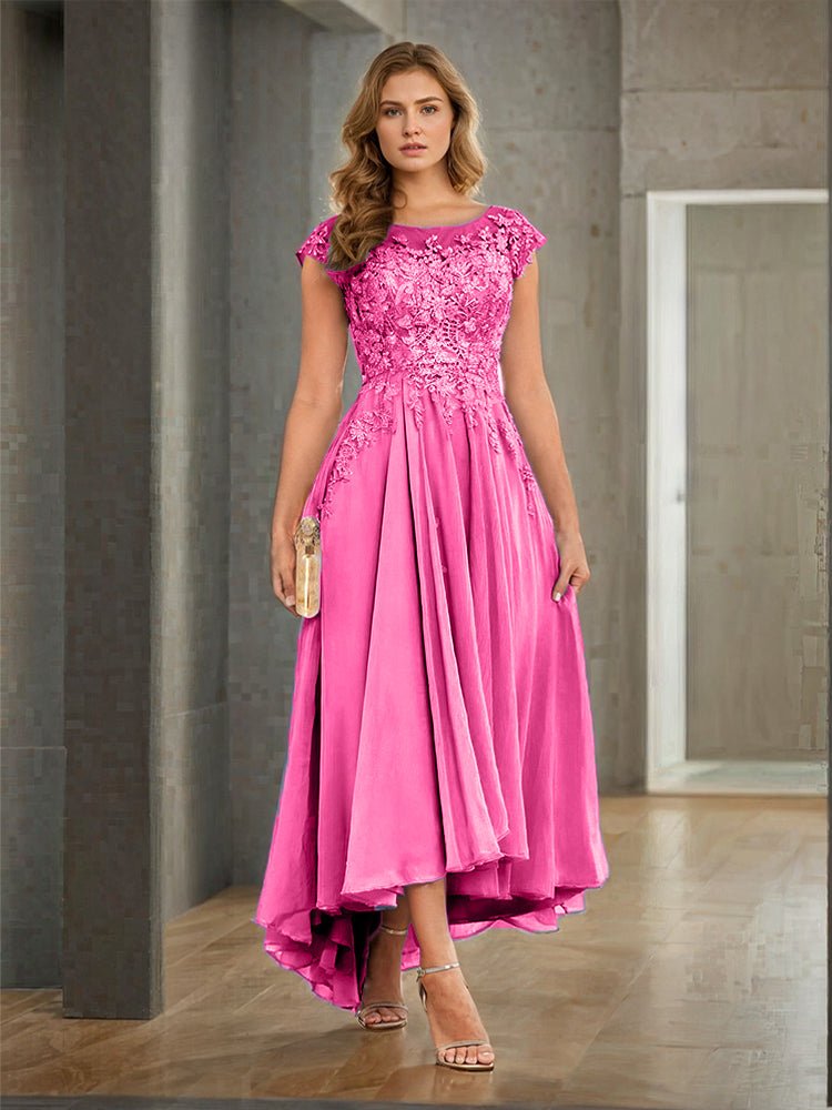 A-line Illusion Neckline Cap Sleeves Lace Appliques Chiffon Mother Of The Bride Dress