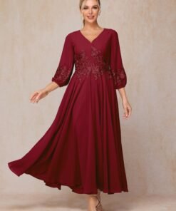 Long Sleeves Appliques Ankle Length Chiffon Mother Of The Bride Dress