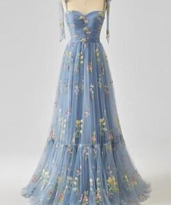 Elegant Spaghetti Straps A-line Floral Floor-length Prom Dress