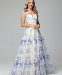 Elegant Floral Print Lace Up Floor Length Bridesmaid Dresses