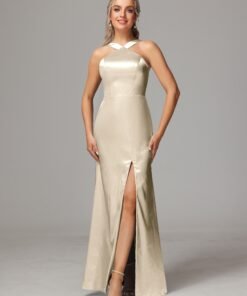 Halter Sleeveless Soft Satin Bridesmaid Dress