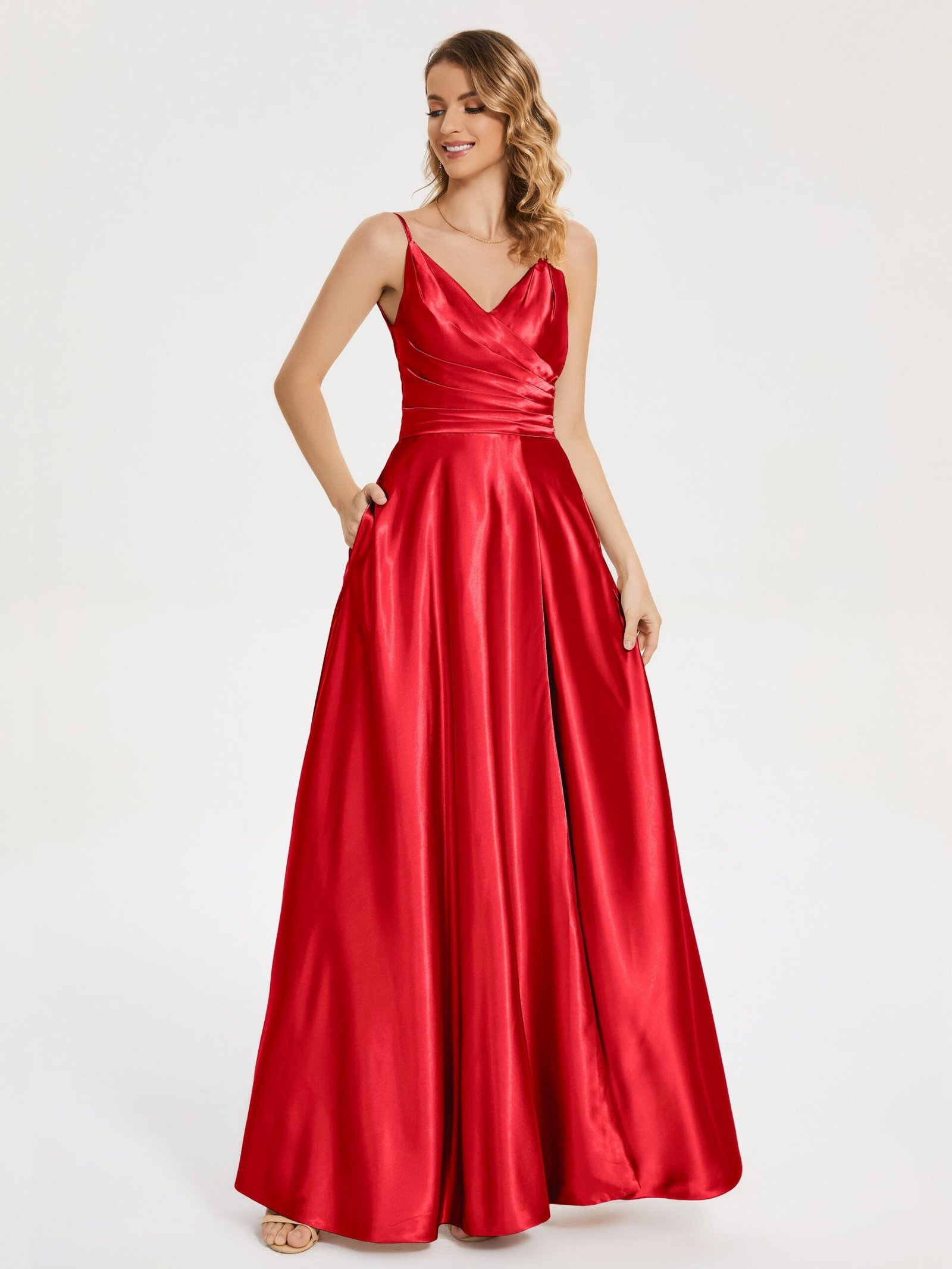 V-neck Pleated Soft Satin Prom Dress with Slit