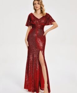 Short Sleeves V-neck Sequins Prom Dress with Slit