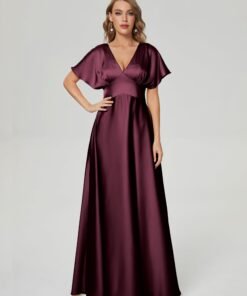 V-neck Short Sleeves Soft Satin Prom Dress