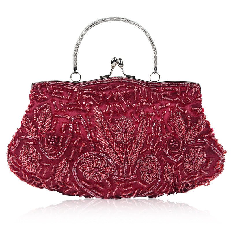 Vintage Handmade Beaded Embroidery Evening Bag - Burgundy