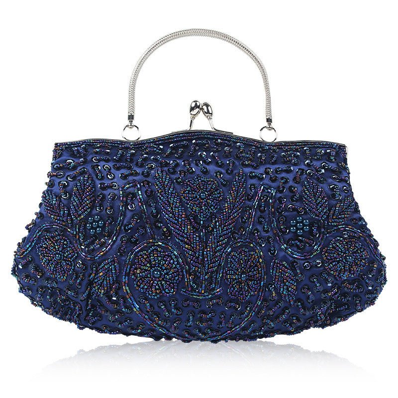 Vintage Handmade Beaded Embroidery Evening Bag - Navy_Blue