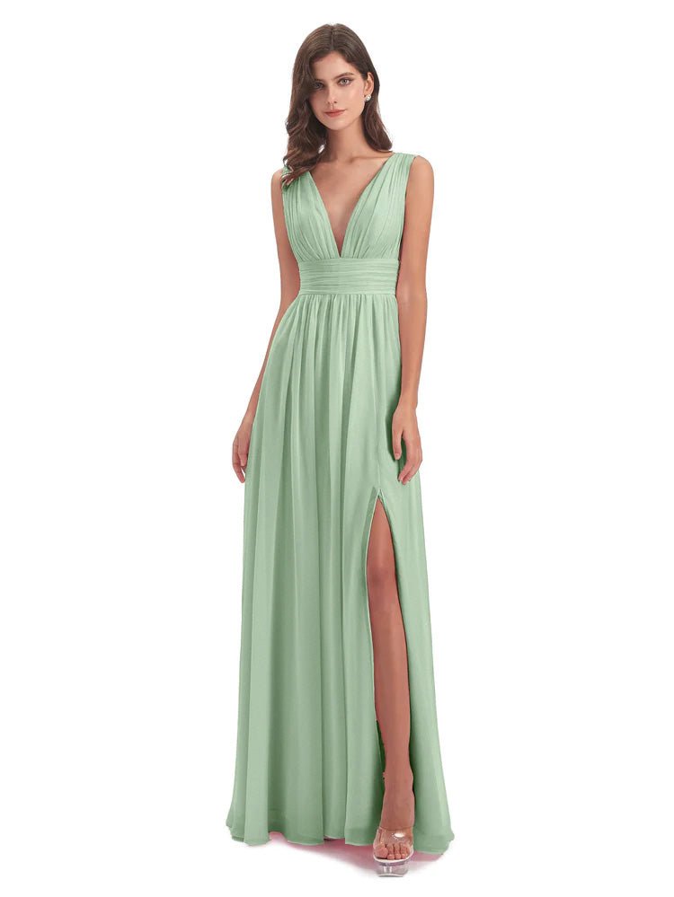 Emma Floor Length V Neck Split Chiffon Bridesmaid Dress