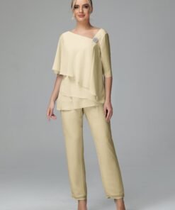 Half Sleeves Chiffon Mother Of The Bride Dress Pant Suits