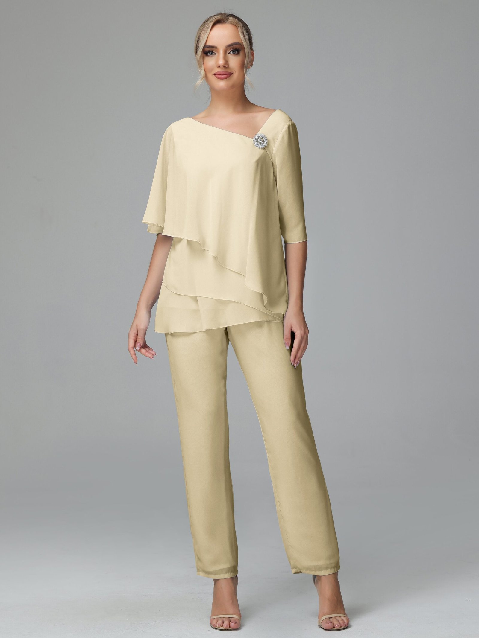 Half Sleeves Chiffon Mother Of The Bride Dress Pant Suits
